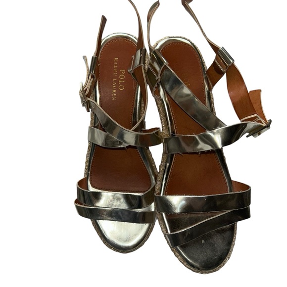 Polo by Ralph Lauren Gold Foil metallic Sandals Strappy woven heels 7 - Picture 1 of 8